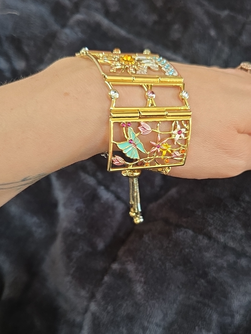 Gold Floral Butterfly Statement Slider Bracelet - Multicolor Enamel